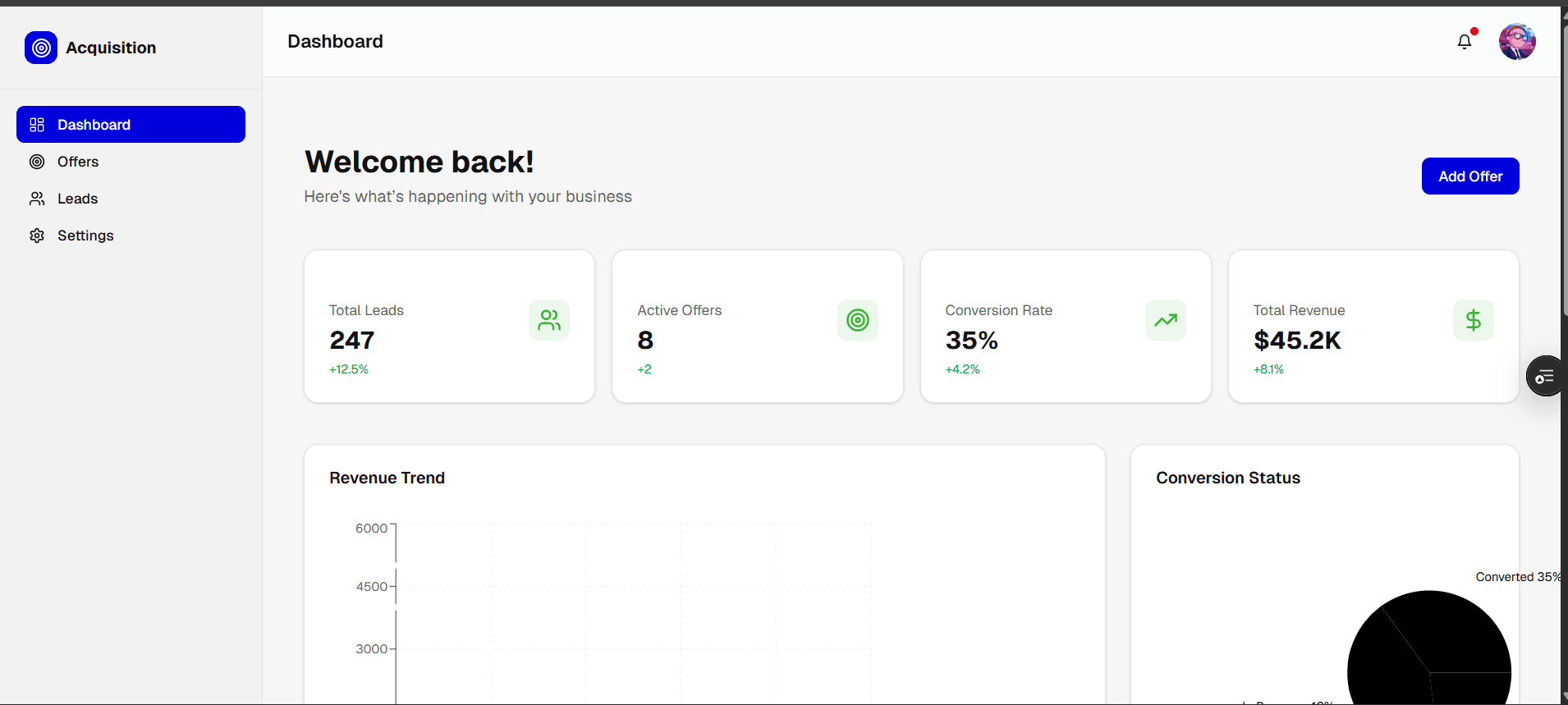 Desktop screenshot of client acquisition system