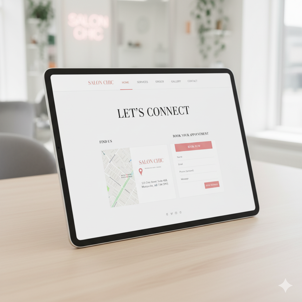 Salon contact page with embedded map and booking button