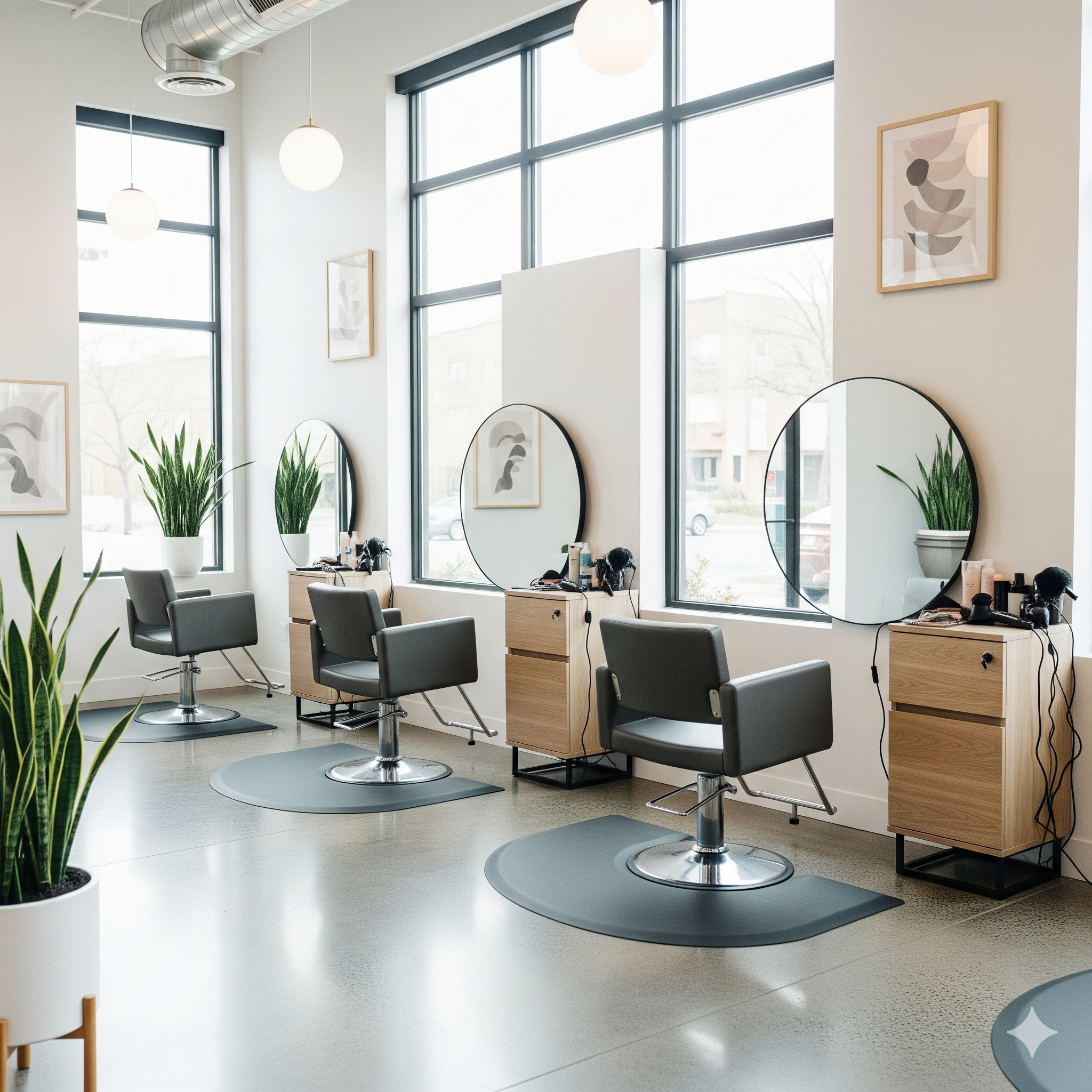 Modern salon interior with bright lighting and warm aesthetic