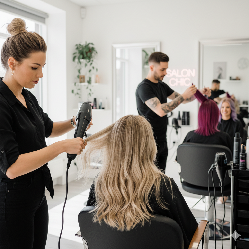 Stylists working on clients and showcasing hair transformations